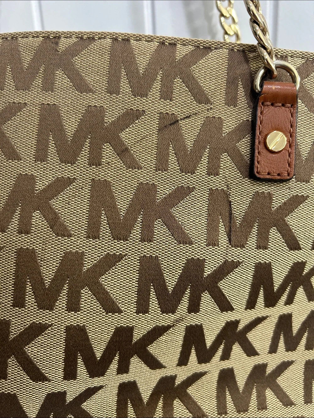 Michael Kors Tan and Brown MK Logo Chain-Handle Tote